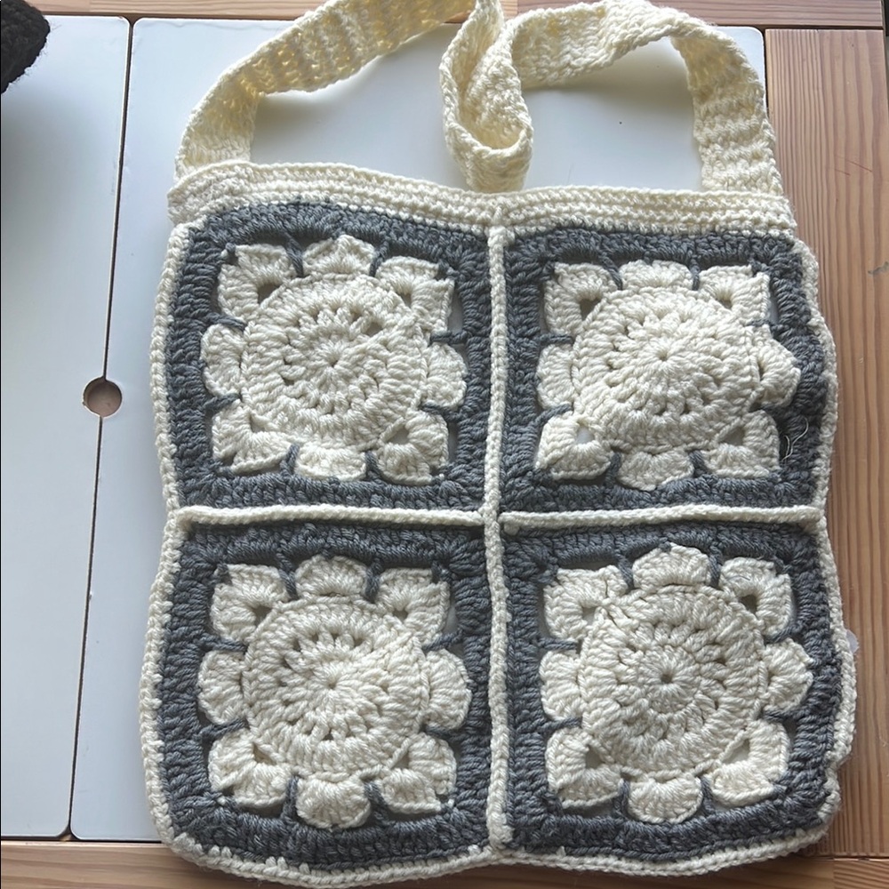 Handmade Crochet Tote Bag - Cream and Gray